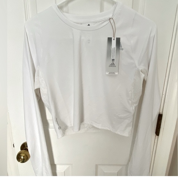 NEW Adidas Fast Flower crop mesh back shirt white size L - Picture 1 of 6